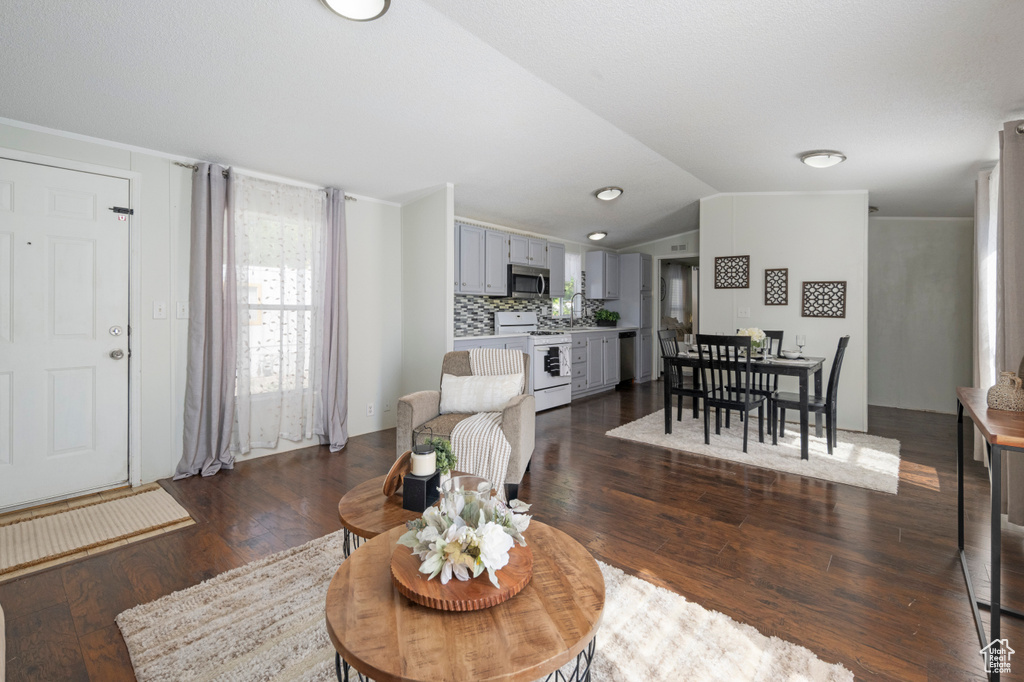 Living area featuring vaulted ceiling and dark wood-type flooring