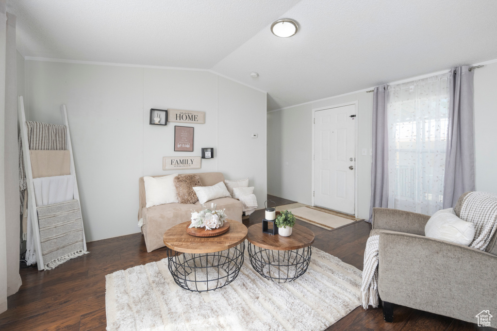 Living room with lofted ceiling and wood finished floors