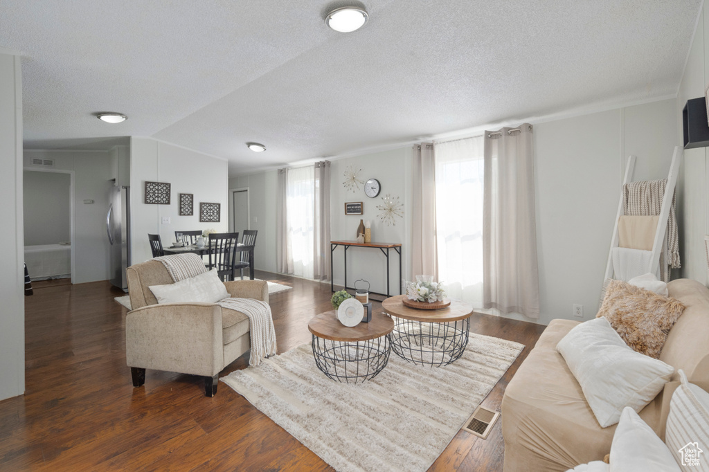 Living room with wood finished floors, vaulted ceiling, and a textured ceiling