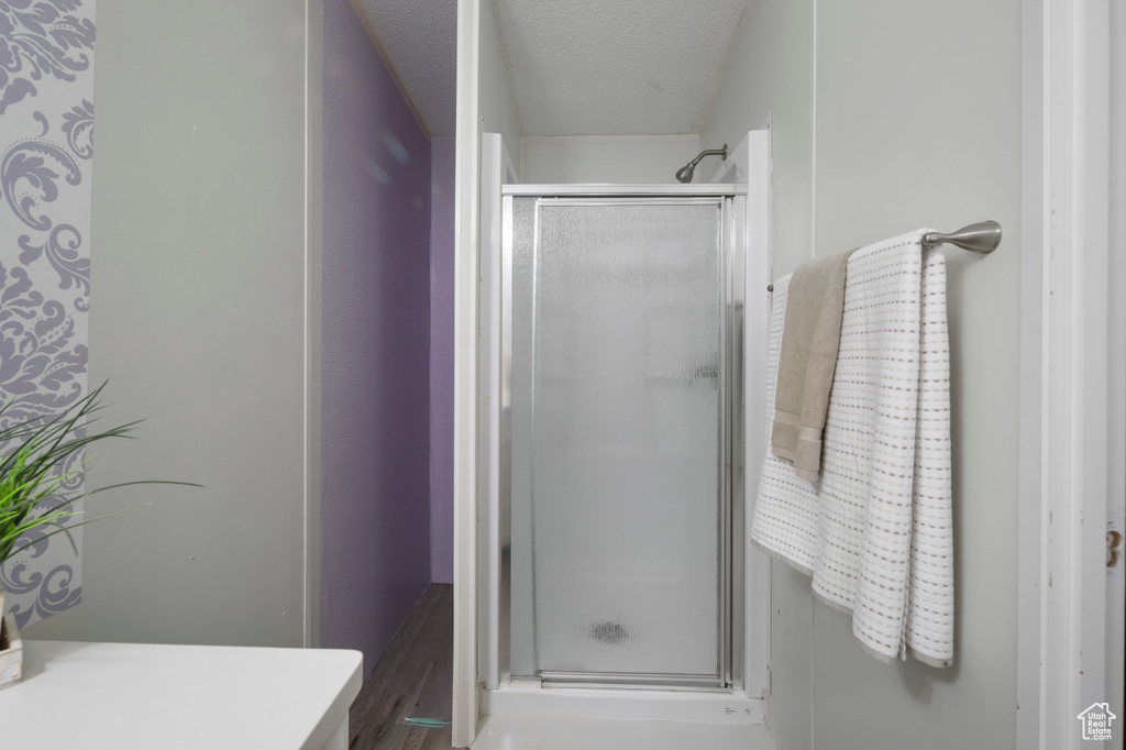 Full bathroom with a shower stall, vanity, and a textured ceiling