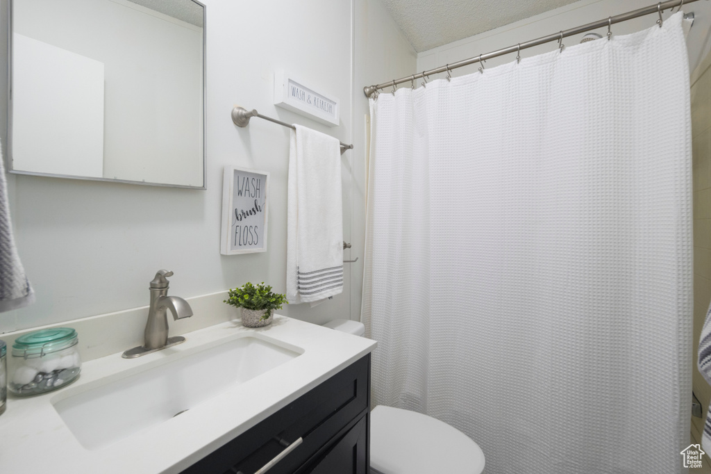 Full bathroom featuring vanity, toilet, and a shower with curtain