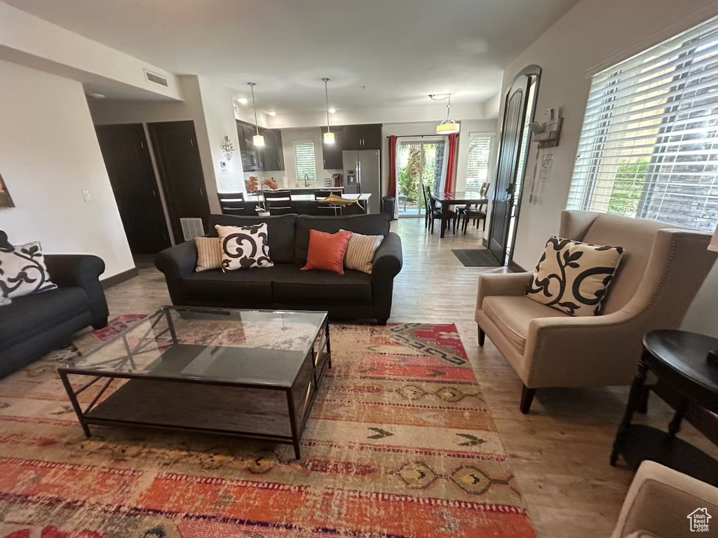 Living area with wood finished floors