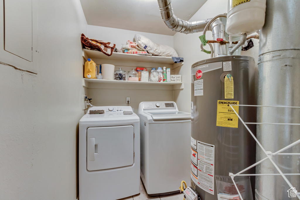 Laundry room with water heater and separate washer and dryer