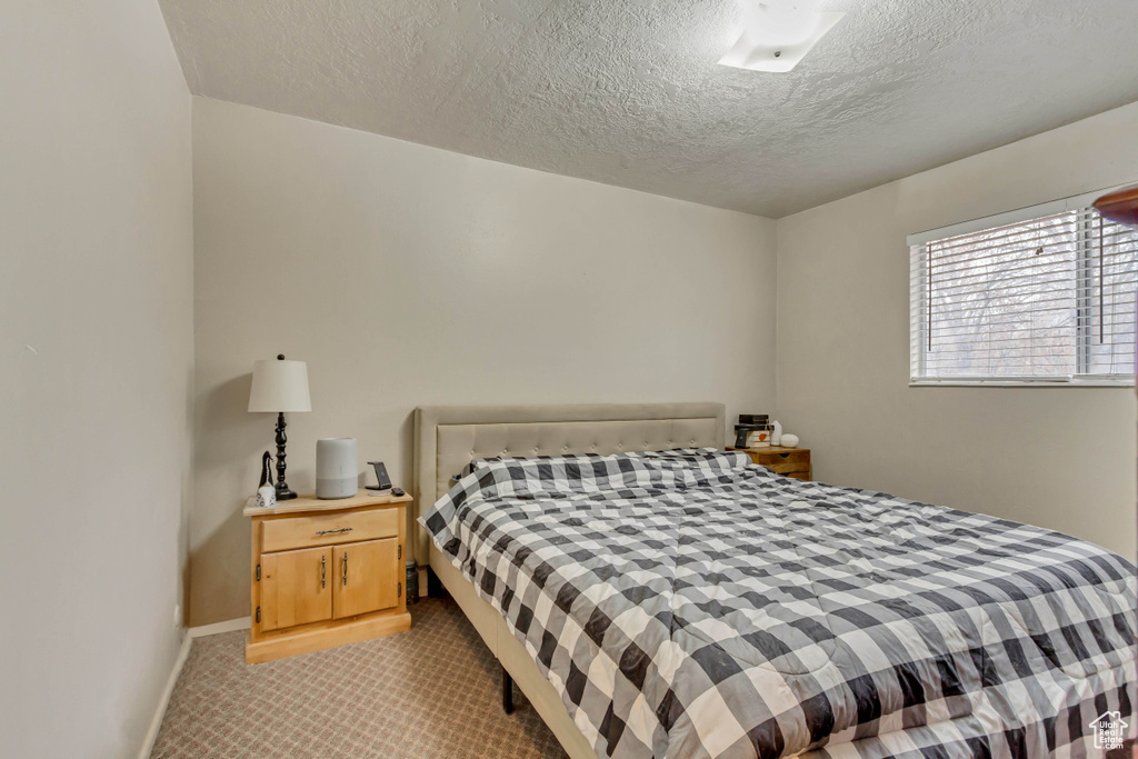 Bedroom featuring a textured ceiling and light colored carpet