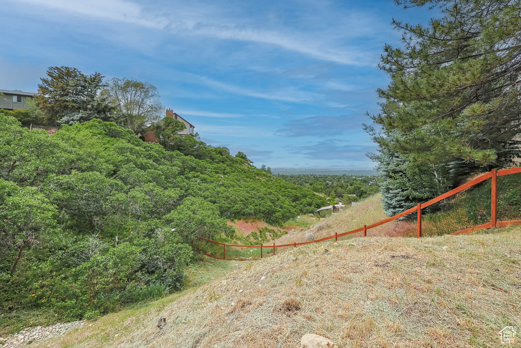 View of yard featuring a forest view