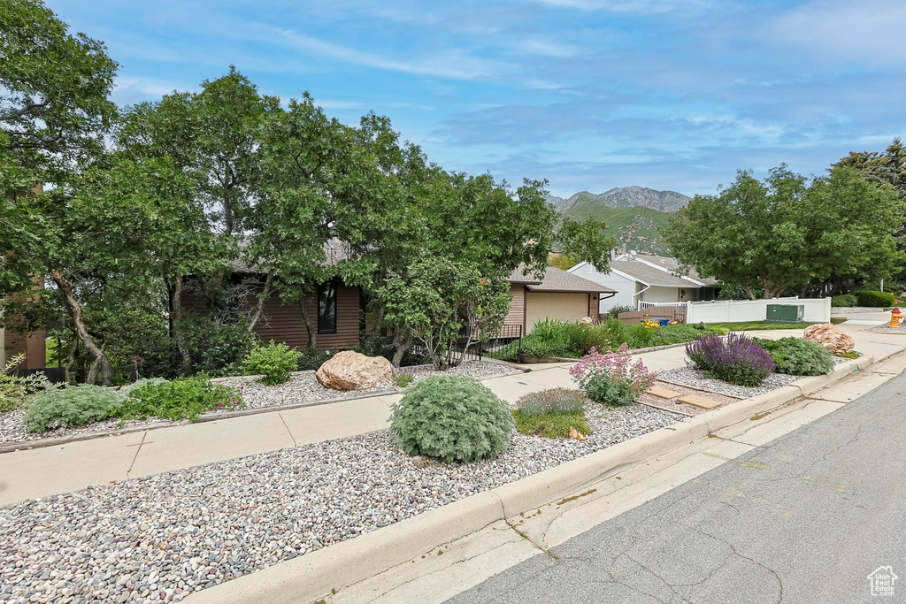 View of property hidden behind natural elements featuring a mountain view