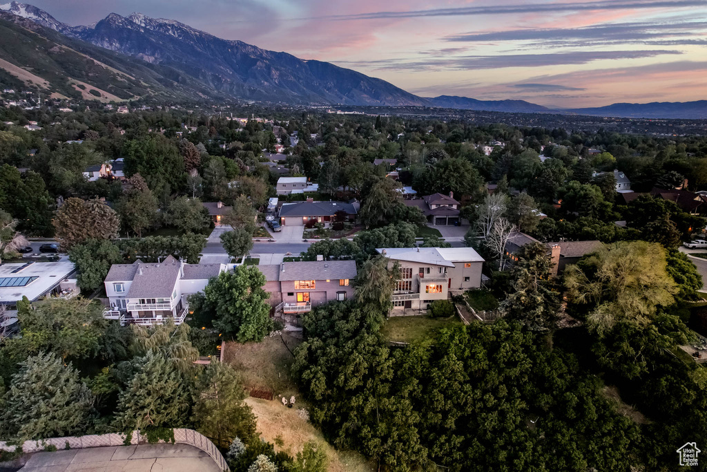 Aerial view at dusk of a mountain view