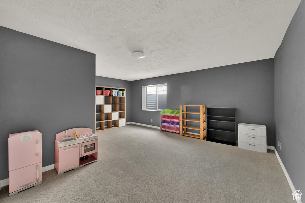 Rec room with carpet and a textured ceiling