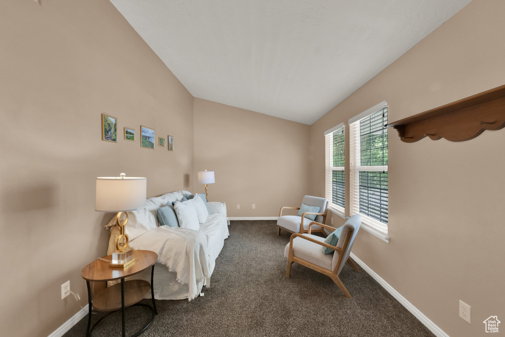 Living area featuring lofted ceiling and carpet