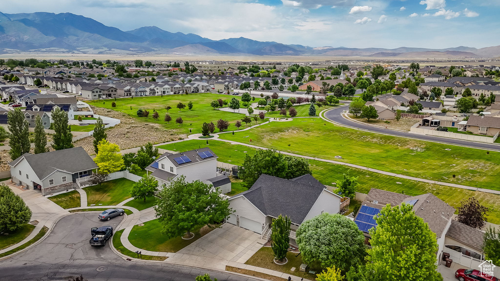 Aerial perspective of suburban area with mountains