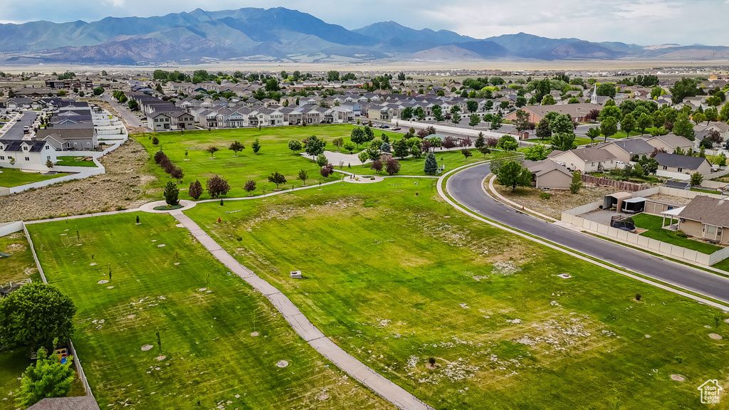 Aerial view of residential area with mountains