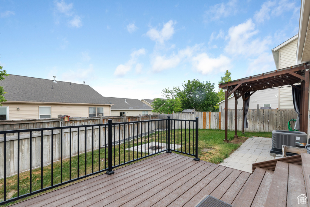 Deck with a fenced backyard and a patio area