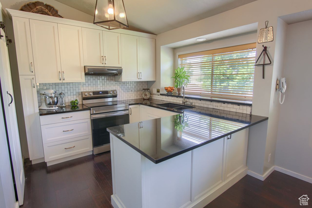 Kitchen with stainless steel electric stove, under cabinet range hood, dark countertops, dark wood-style flooring, and lofted ceiling