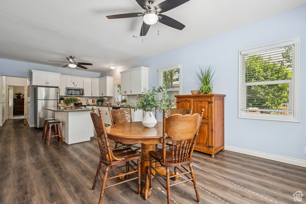 Dining area featuring a ceiling fan and dark wood-type flooring