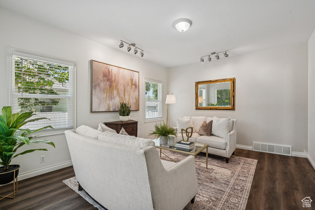 Living area with track lighting, plenty of natural light, and dark wood-style floors