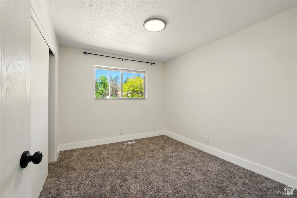 Unfurnished bedroom featuring carpet flooring, a closet, and a textured ceiling