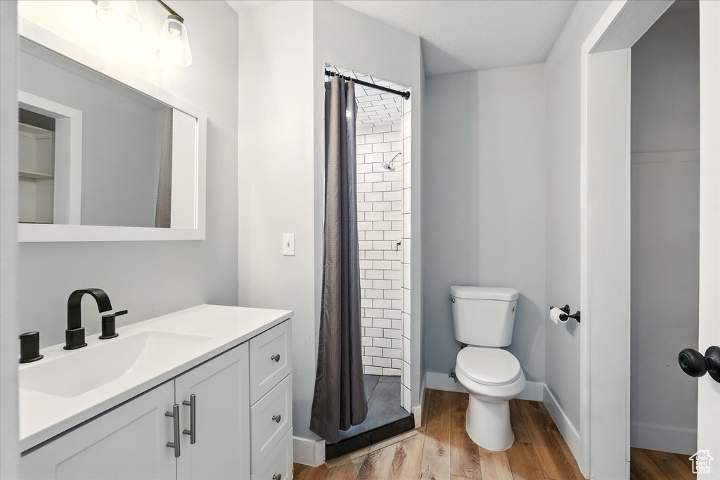 Full bathroom featuring vanity, wood finished floors, and a shower stall