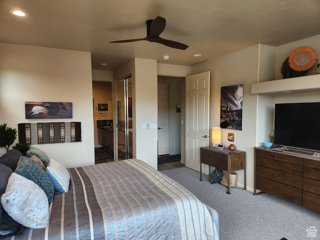 Bedroom with recessed lighting, carpet flooring, ceiling fan, and a closet