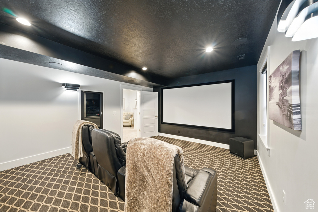 Cinema with dark carpet and recessed lighting