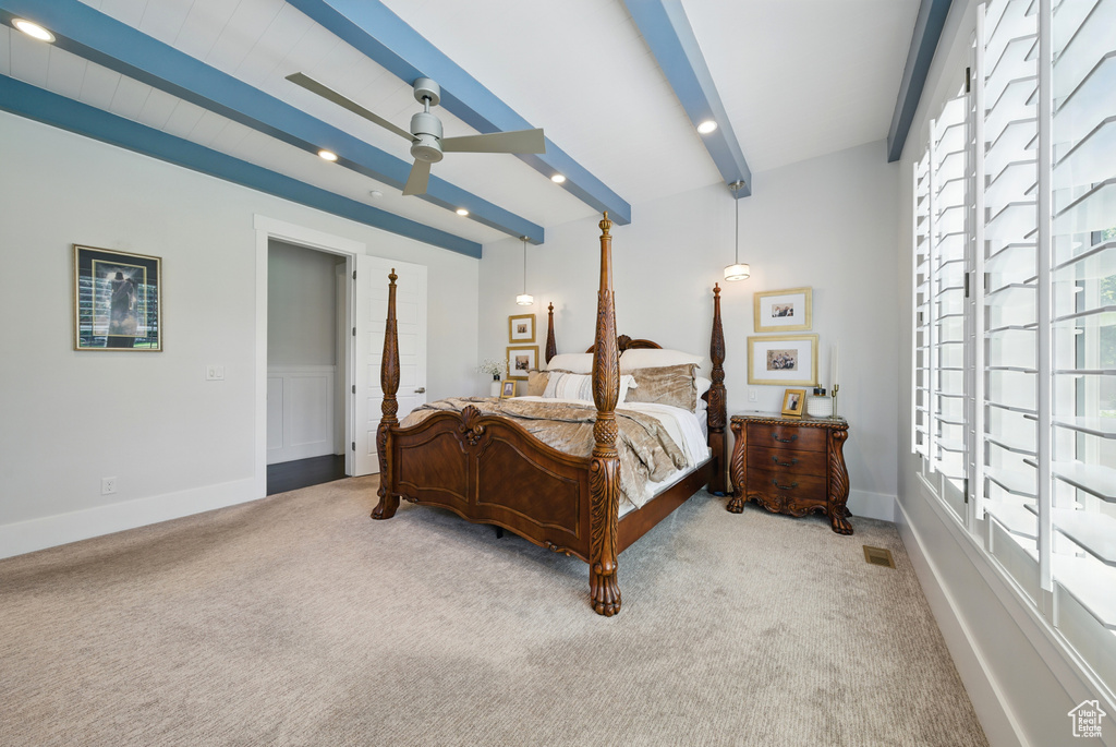 Bedroom with beamed ceiling, carpet, recessed lighting, and a ceiling fan