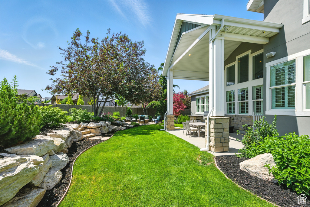 Fenced backyard featuring a patio