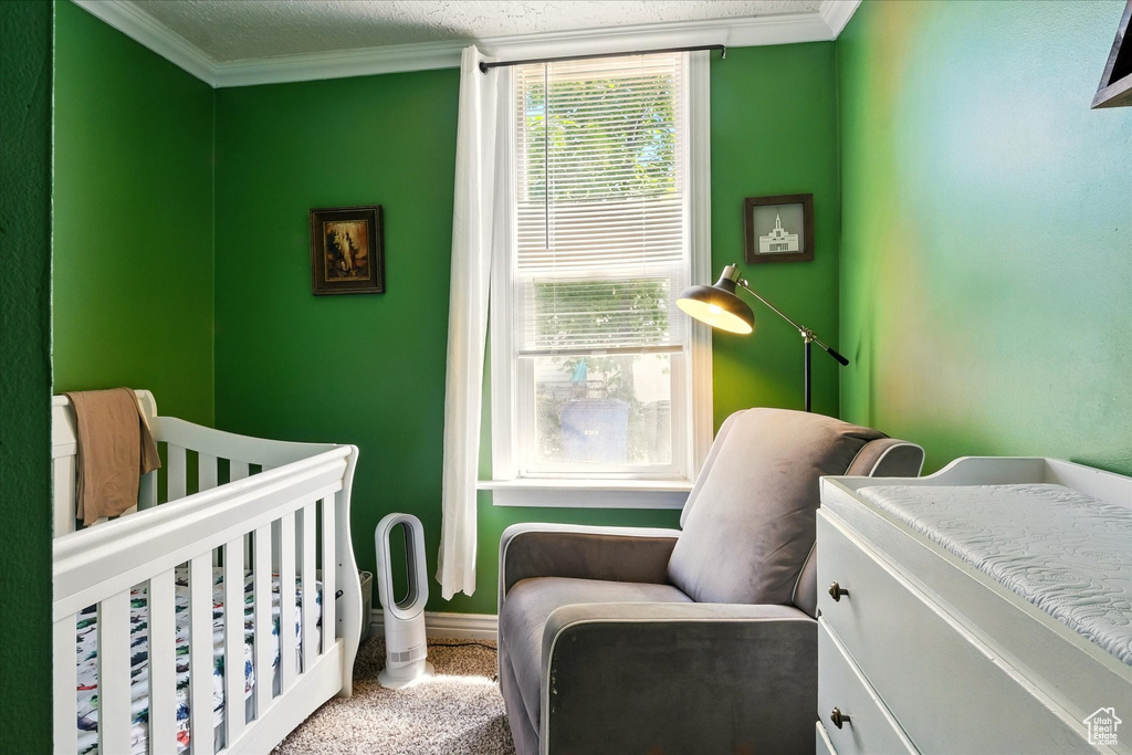Bedroom featuring carpet flooring and crown molding