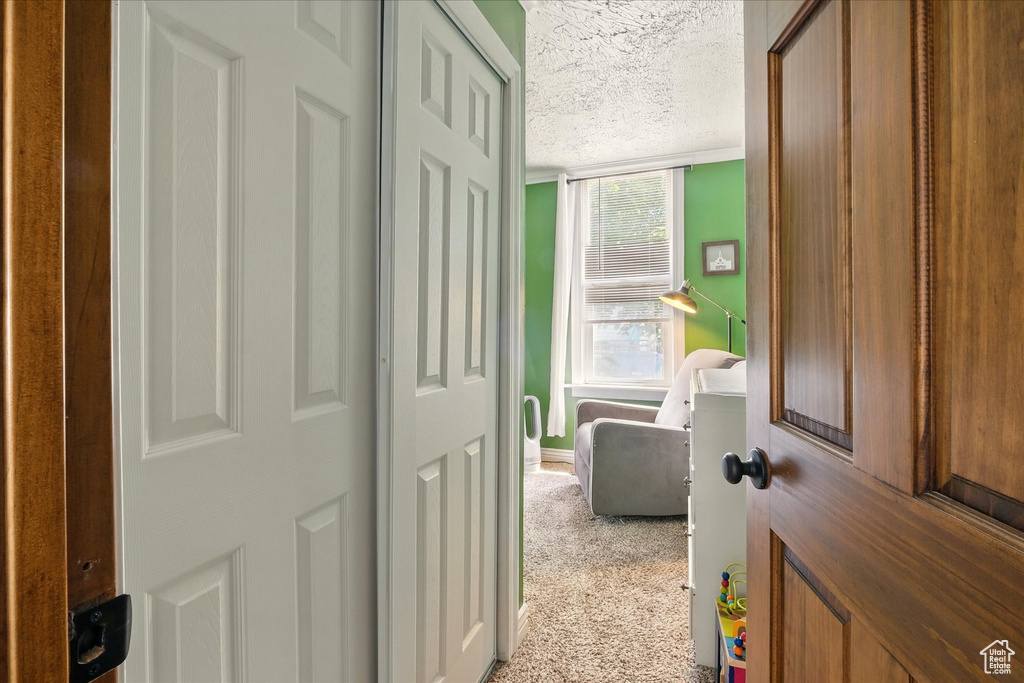 Hallway featuring a textured ceiling and carpet flooring