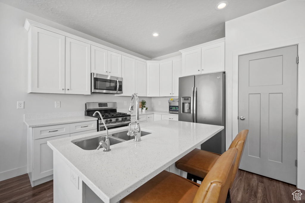 Kitchen with stainless steel appliances, dark wood finished floors, recessed lighting, white cabinets, and a center island with sink