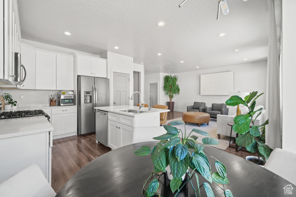 Kitchen featuring appliances with stainless steel finishes, dark wood-type flooring, white cabinets, light countertops, and recessed lighting
