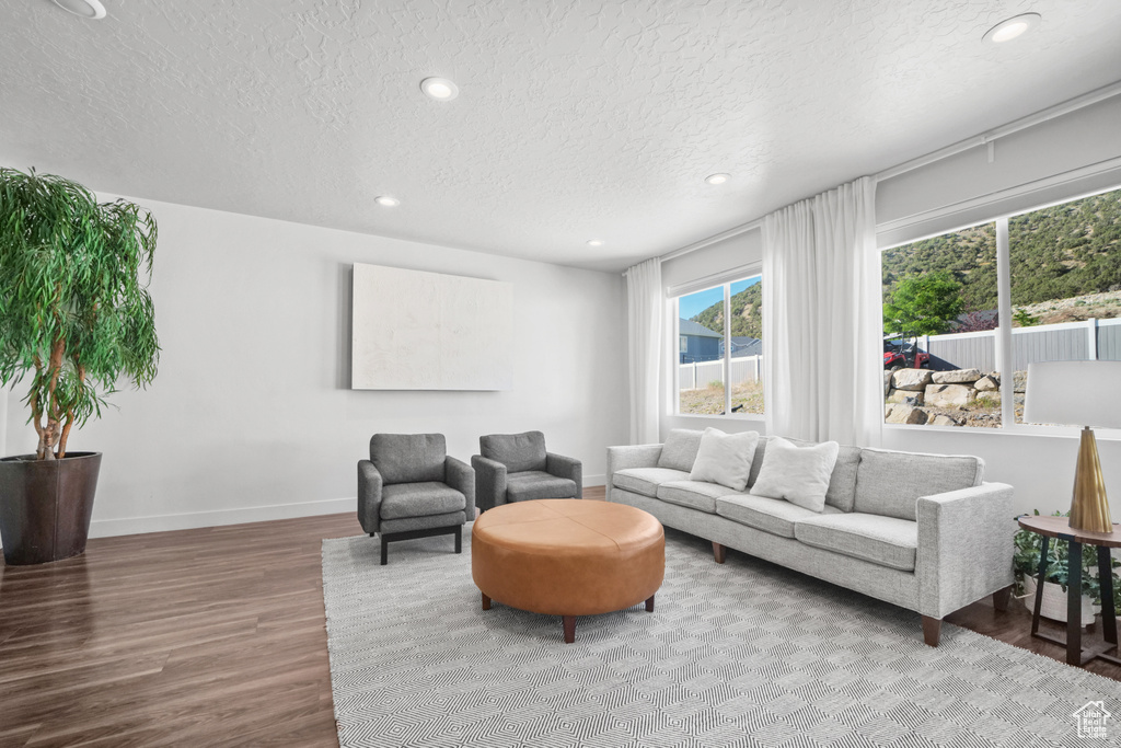 Living room with a textured ceiling, wood finished floors, and recessed lighting