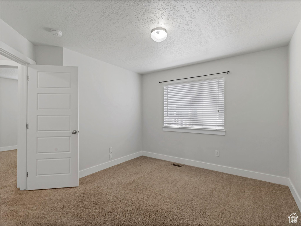Carpeted empty room featuring a textured ceiling