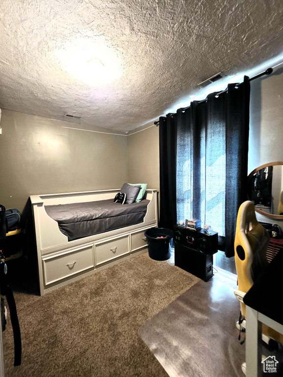 Carpeted bedroom with a textured ceiling