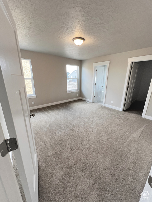 Unfurnished bedroom with carpet, multiple windows, and a textured ceiling