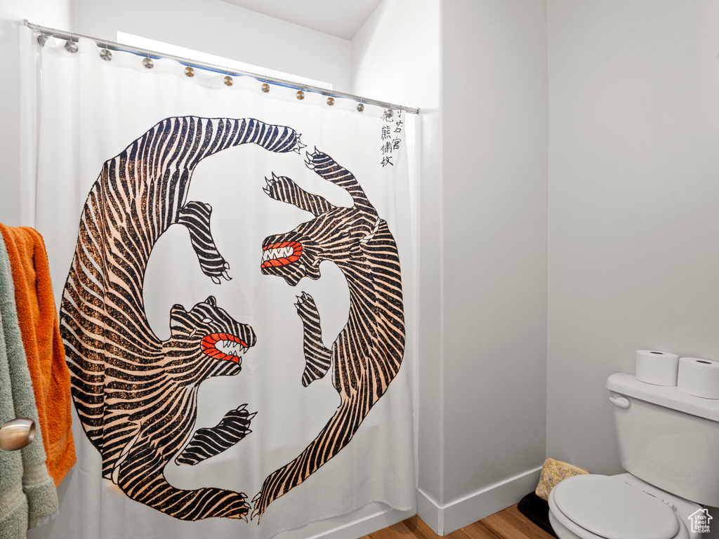 Bathroom view of toilet and a shower with shower curtain