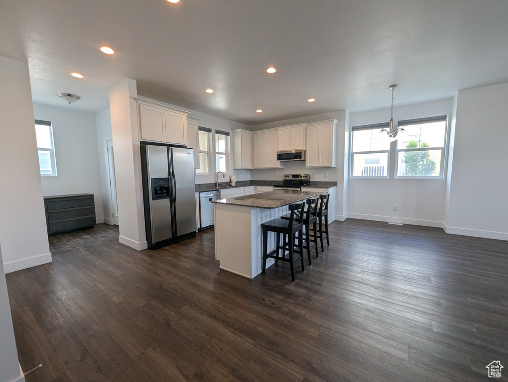 Kitchen with stainless steel appliances, plenty of natural light, white cabinets, and recessed lighting