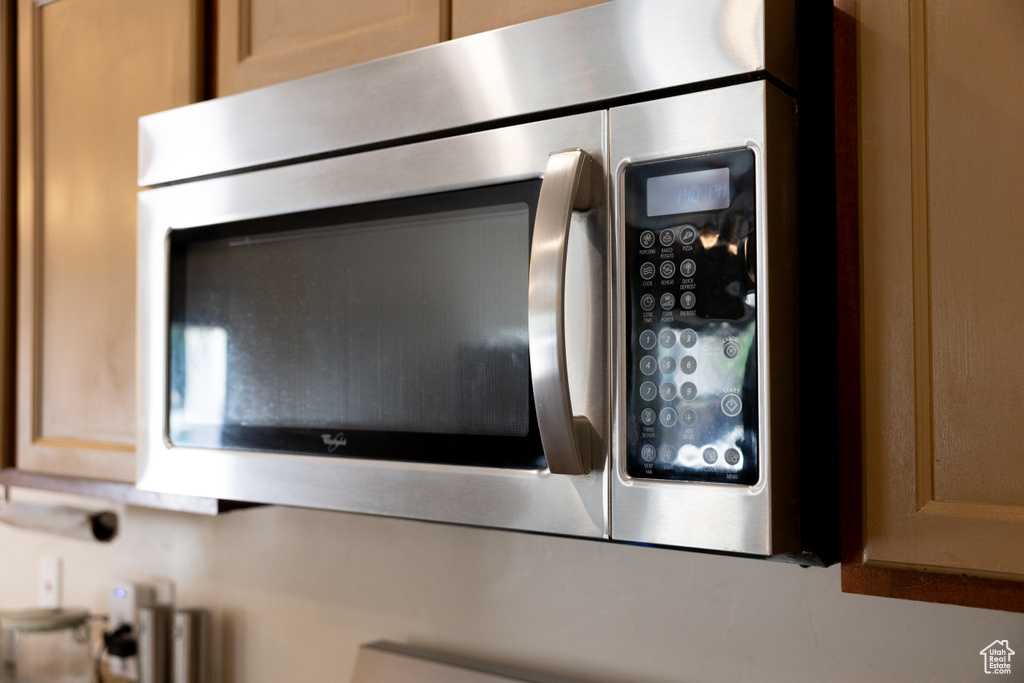 Kitchen view of stainless steel microwave