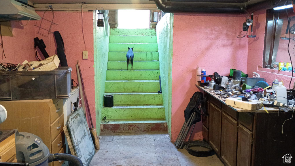 Basement featuring stairway