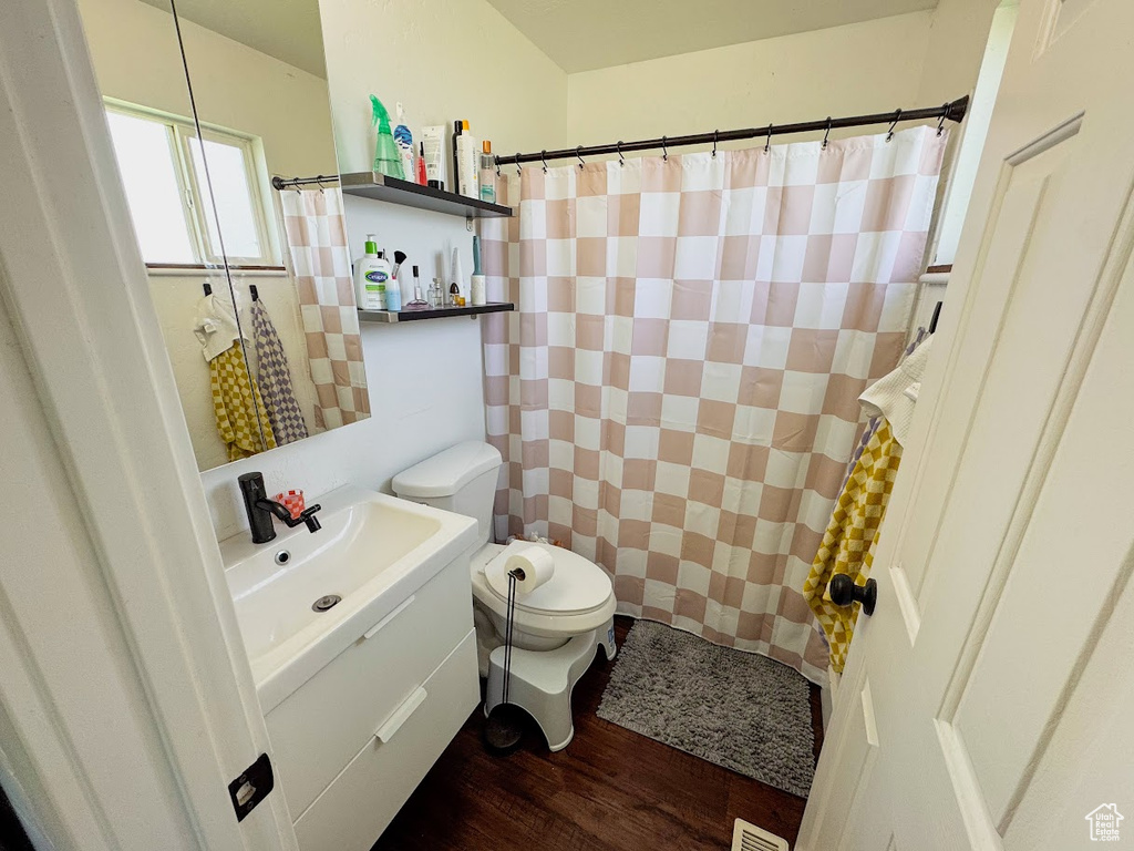 Bathroom with vanity, wood finished floors, and a shower with shower curtain