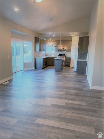 Kitchen featuring open floor plan, stainless steel appliances, a kitchen island, dark wood finished floors, and recessed lighting