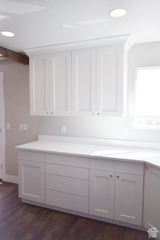 Kitchen with dark wood-style floors, light countertops, and recessed lighting