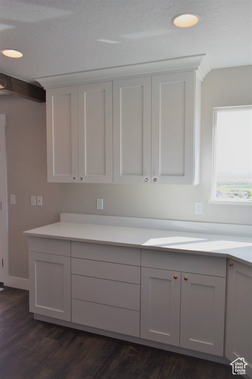 Kitchen with dark wood-style flooring, light countertops, and recessed lighting