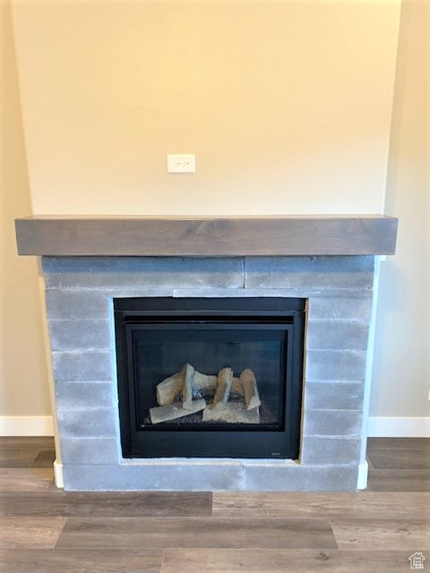 Detailed view of a glass covered fireplace and wood finished floors