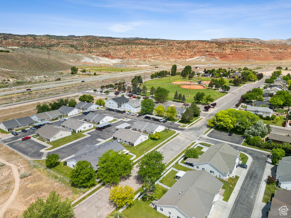 Aerial view of residential area with mountains