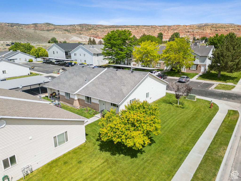 Aerial perspective of suburban area with mountains