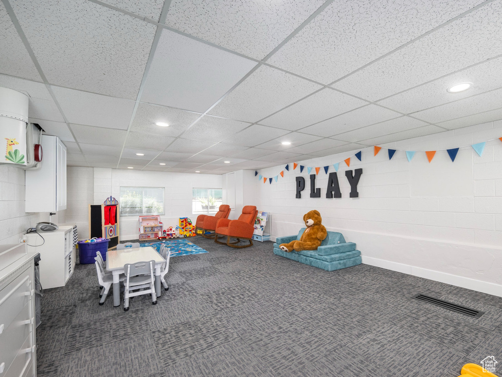 Game room with carpet flooring, recessed lighting, and a drop ceiling