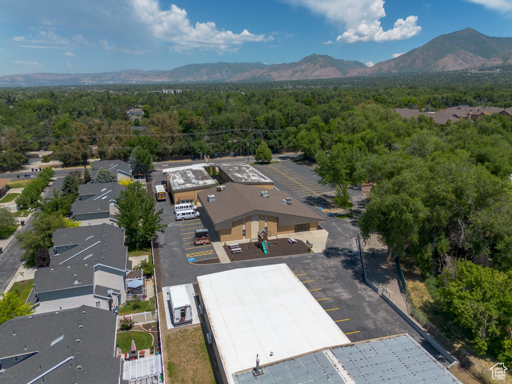 Bird\\\\\\\'s eye view of a heavily wooded area and a mountain backdrop