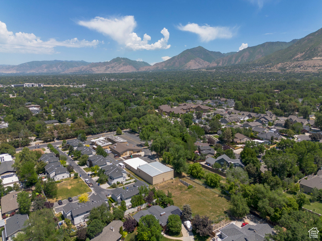 Aerial perspective of suburban area featuring mountains