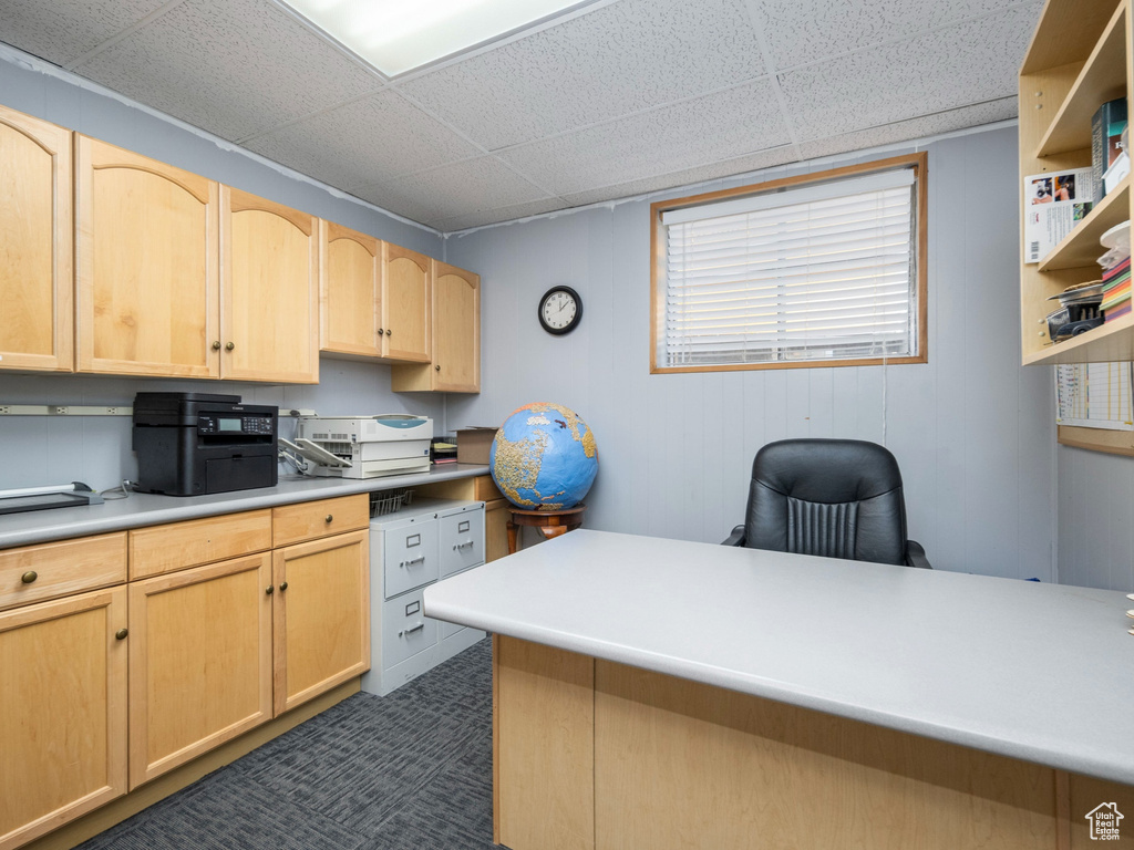 Kitchen with light brown cabinets, a paneled ceiling, light countertops, and a desk