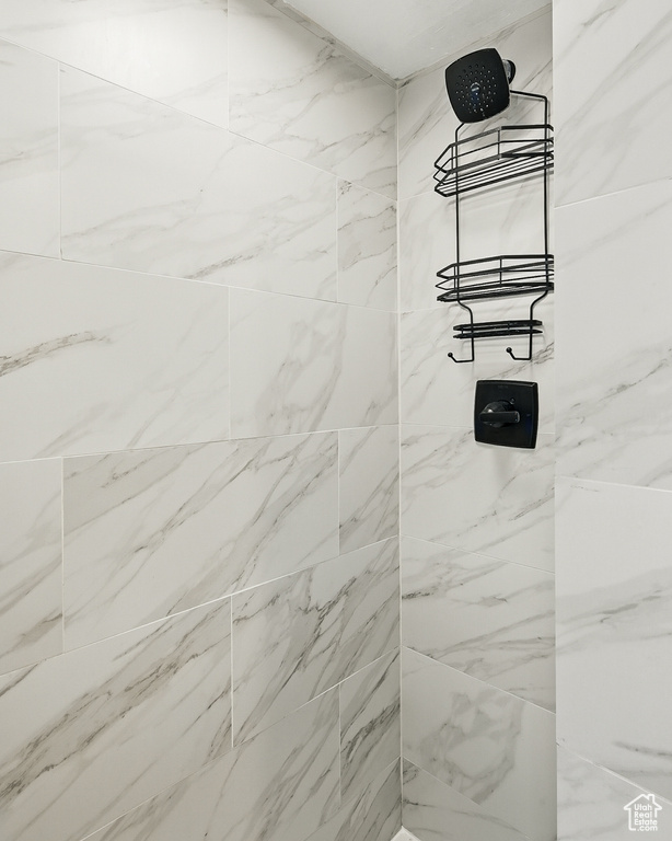 Bathroom view of a tile shower