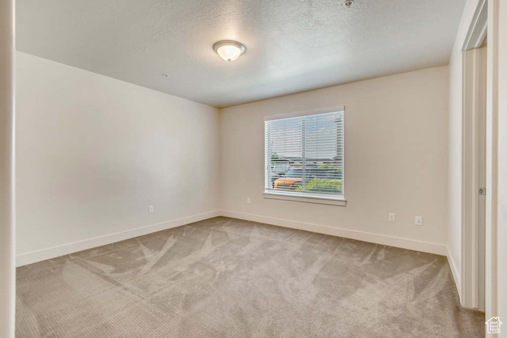 Spare room with light colored carpet and a textured ceiling